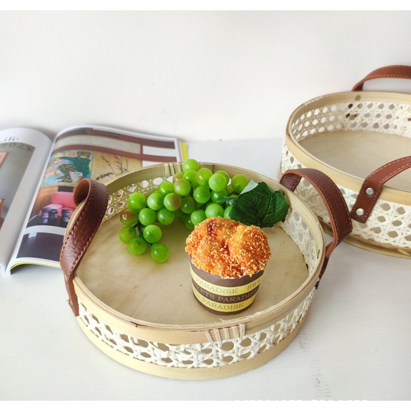 Rattan Tray Handle - Bandeja redonda de rattan nórdico retrô