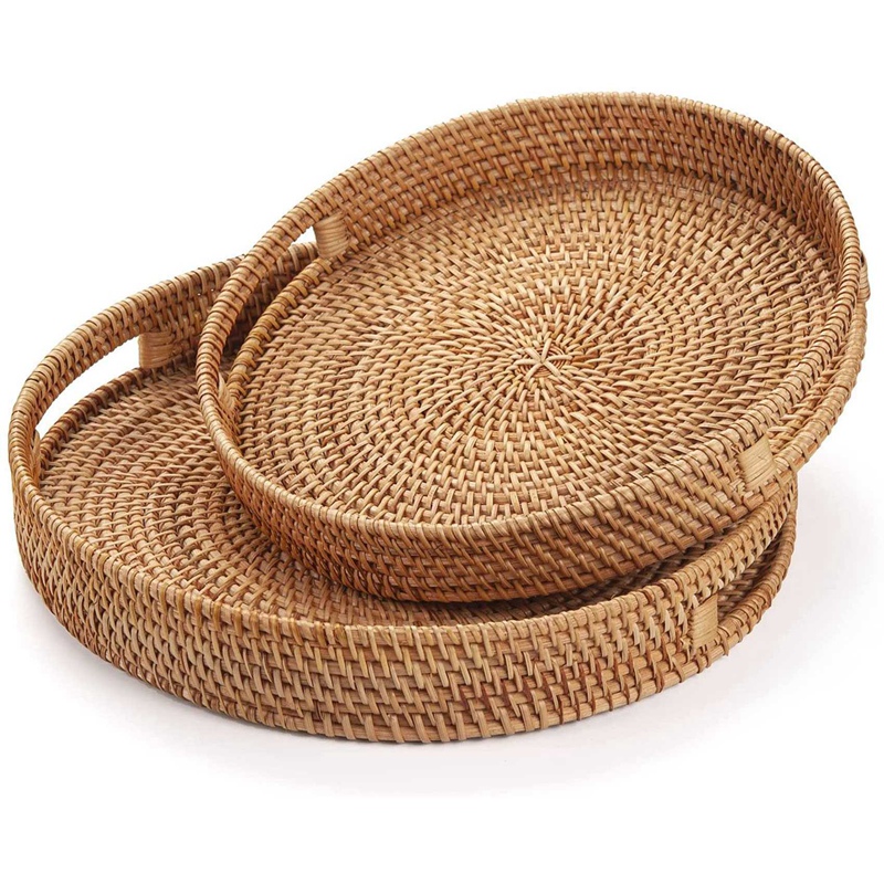 Rattan Tray Handle - Bandeja Redonda de Rattan Decorativa, Bandejas